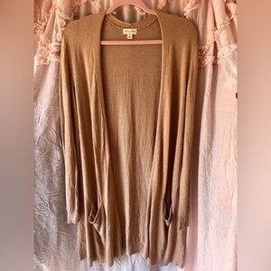 Maison Jules Open front long tan cardigan with pockets